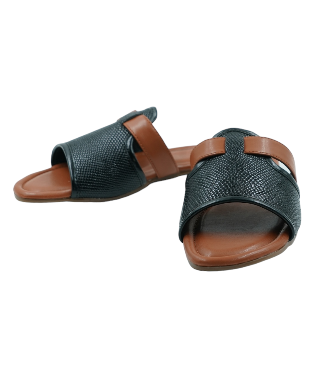 Black Meghan Flats with woven black PU vegan leather upper and brown open-toe flat sandals design