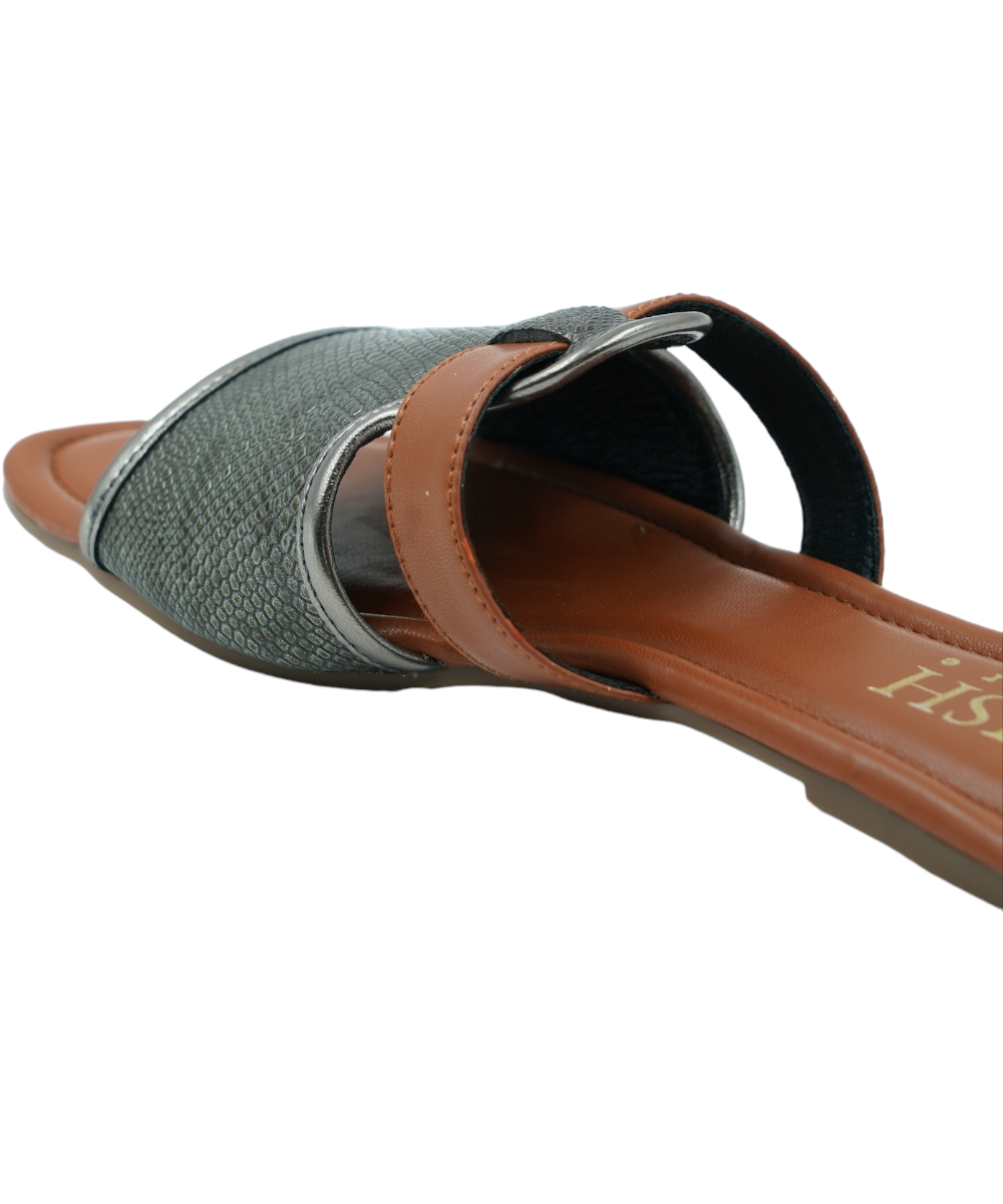 Gunmetal Meghan Flats with woven textured straps and brown cushioned footbed, open-toe design.