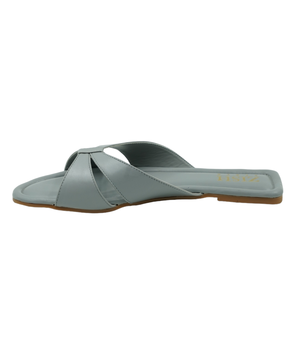 Grey vegan leather cross-strap flats with open toe and flat PVC sole for formal and partywear