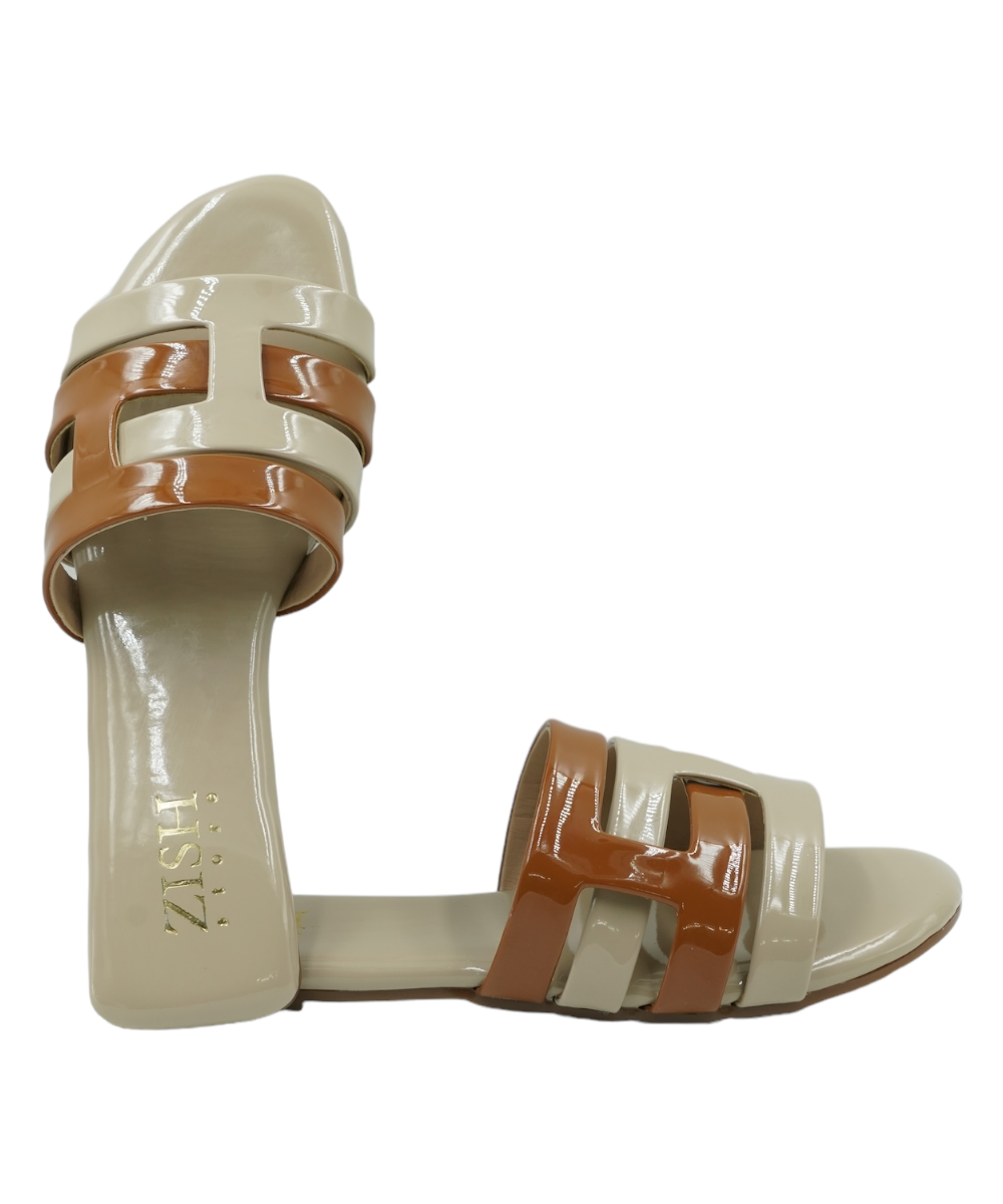 Beige Azzura Flats featuring beige and tan geometric design vegan leather open-toe sandals with flat PVC sole for casual and formal wear