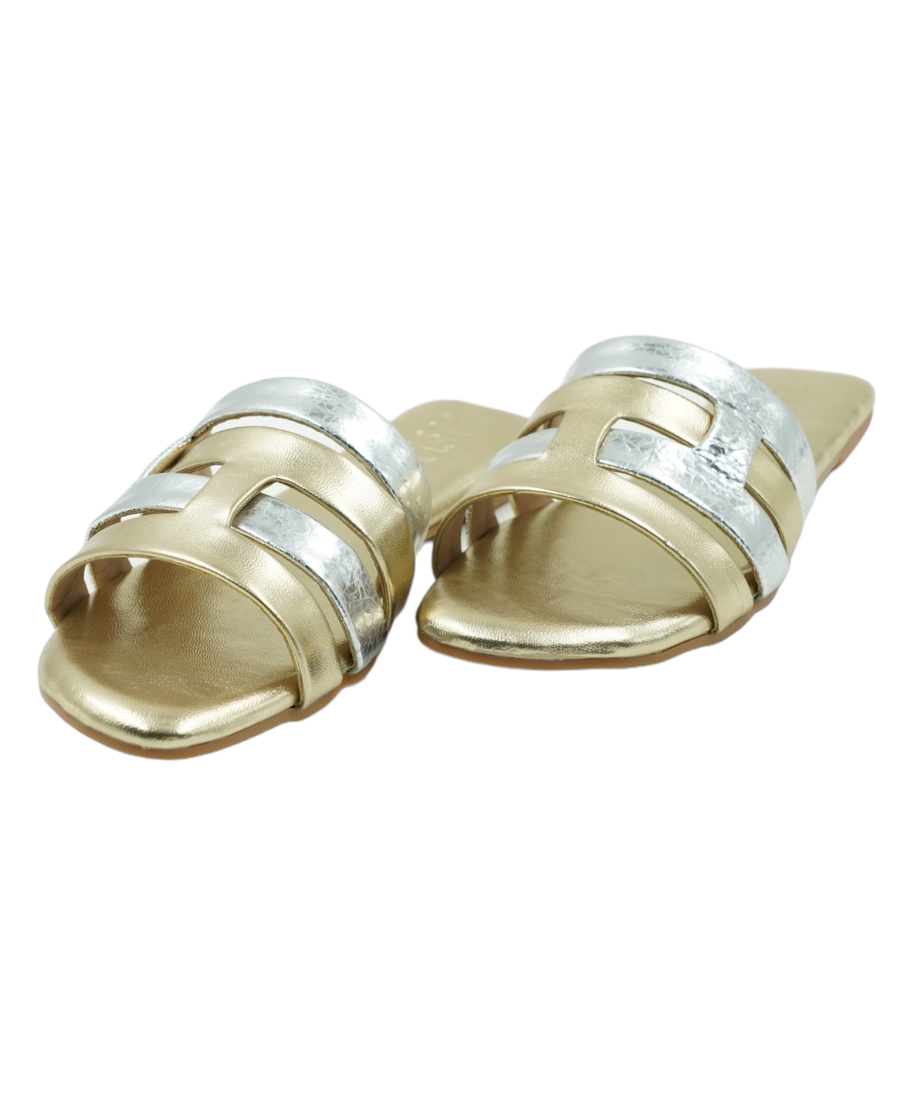 Gold Azzura Flats with metallic gold and silver geometric design, open-toe vegan leather sandals, flat heel, perfect for formal and casual wear.