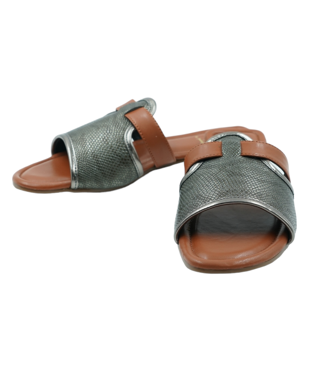 Gunmetal Meghan Flats women's strappy open-toe sandals with woven textured upper and brown vegan leather footbed, flat heel design