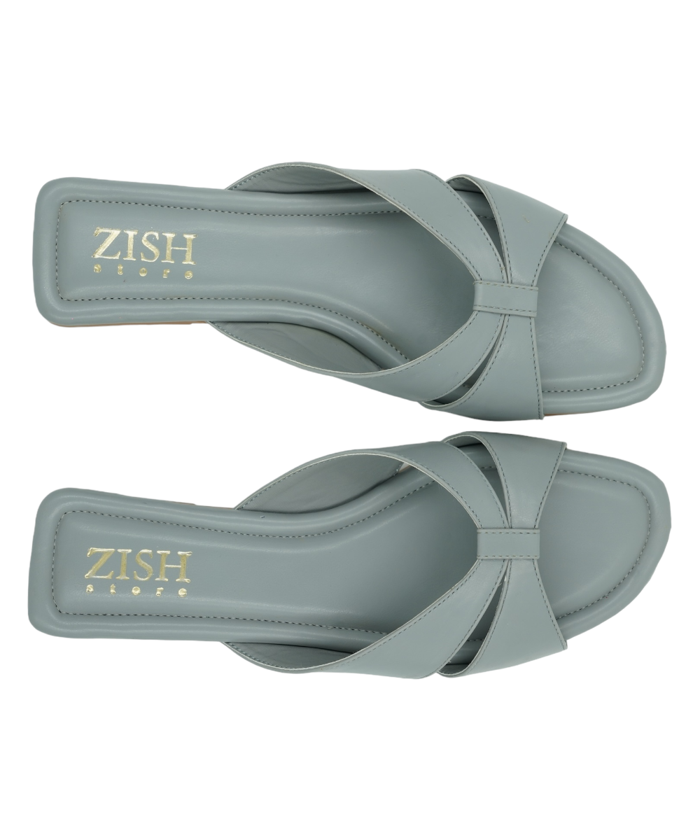Grey cross-strap flats with open toe and cushioned vegan leather insole for casual and formal wear