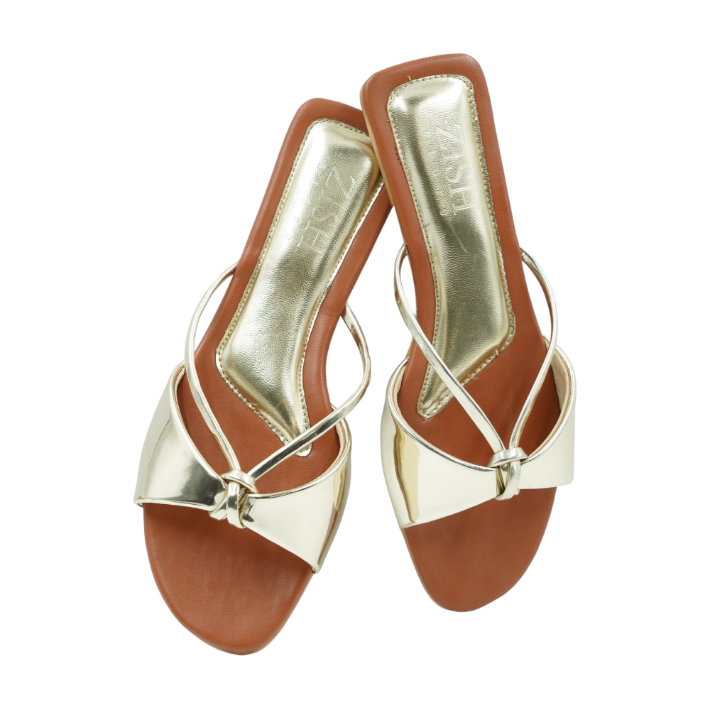Gold Carolina Flats with glossy mirror strap and brown footbed, open toe flat sandals for formal and casual wear