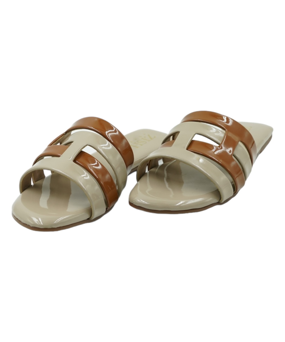 Beige Azzura Flats with tan geometric straps, open-toe vegan leather sandals, flat heel casual and formal wear