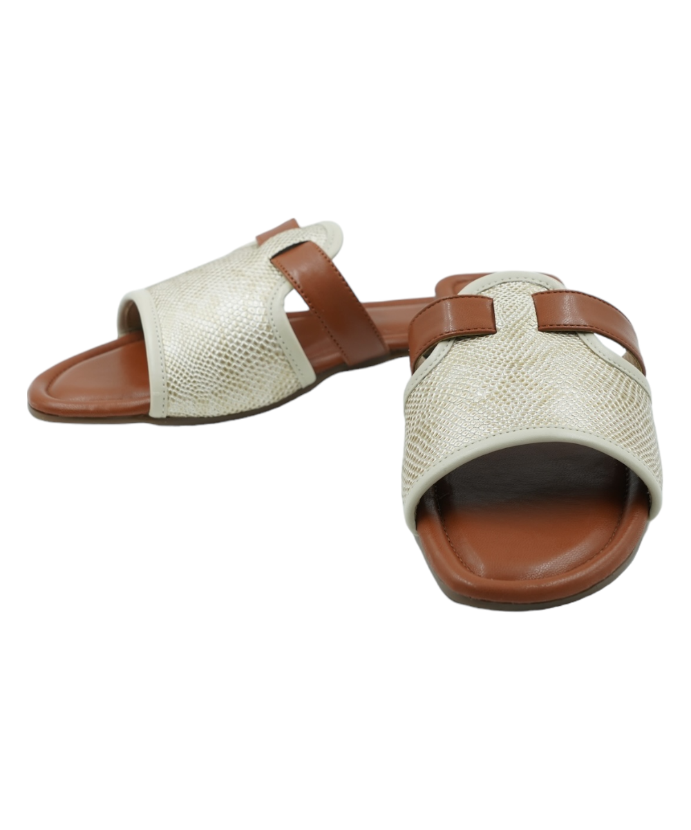 Off White Meghan Flats vegan leather open toe sandals with woven design and flat sole