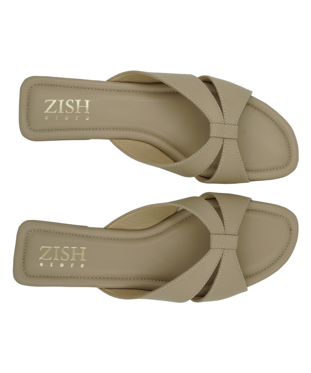 Beige Tokyo Flats with cross-strap design, vegan leather, cushioned insole, and open toe, perfect for casual and formal wear