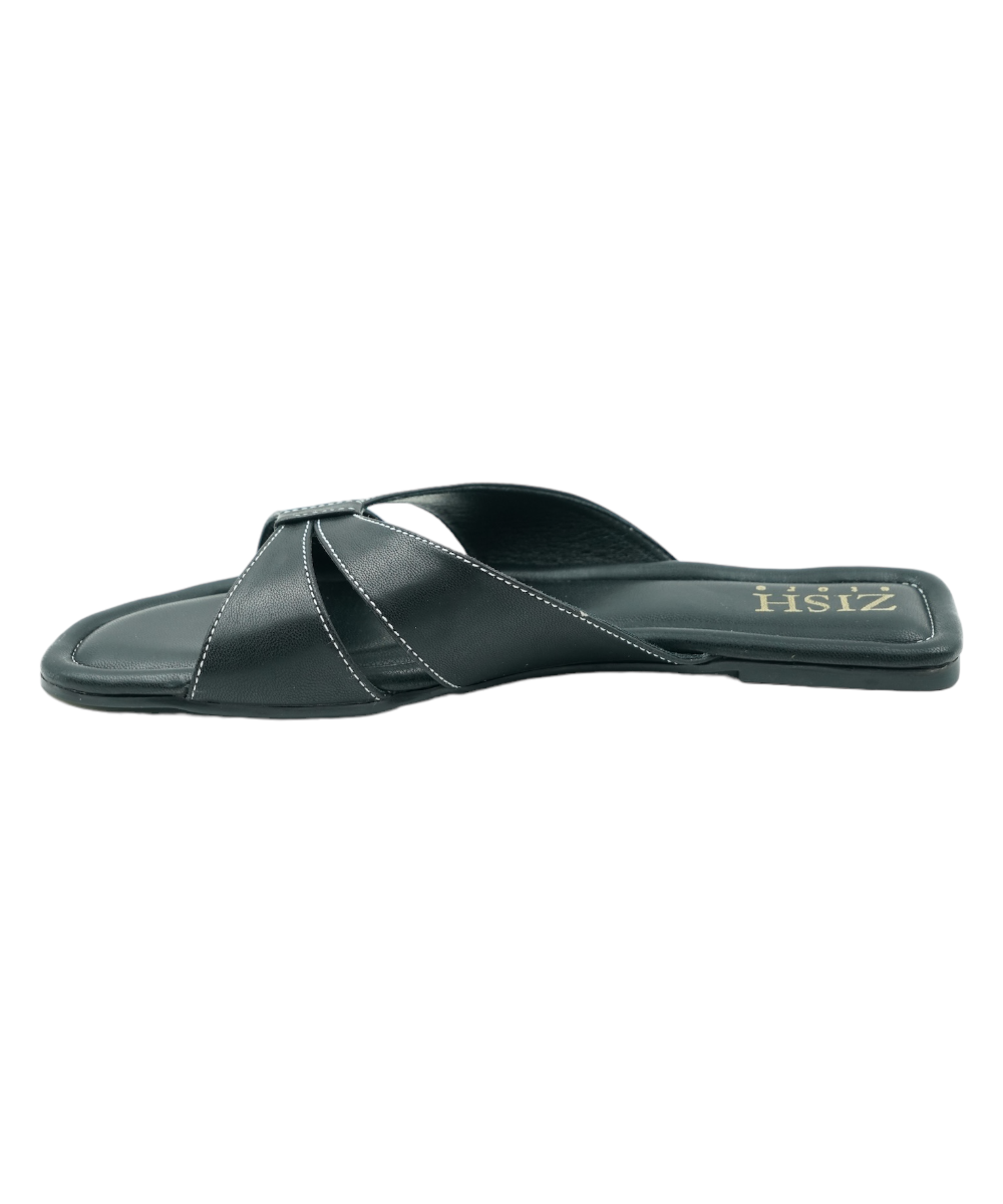 Black Tokyo Flats with cross-strap design, flat open-toe sandal in vegan leather for formal and party wear
