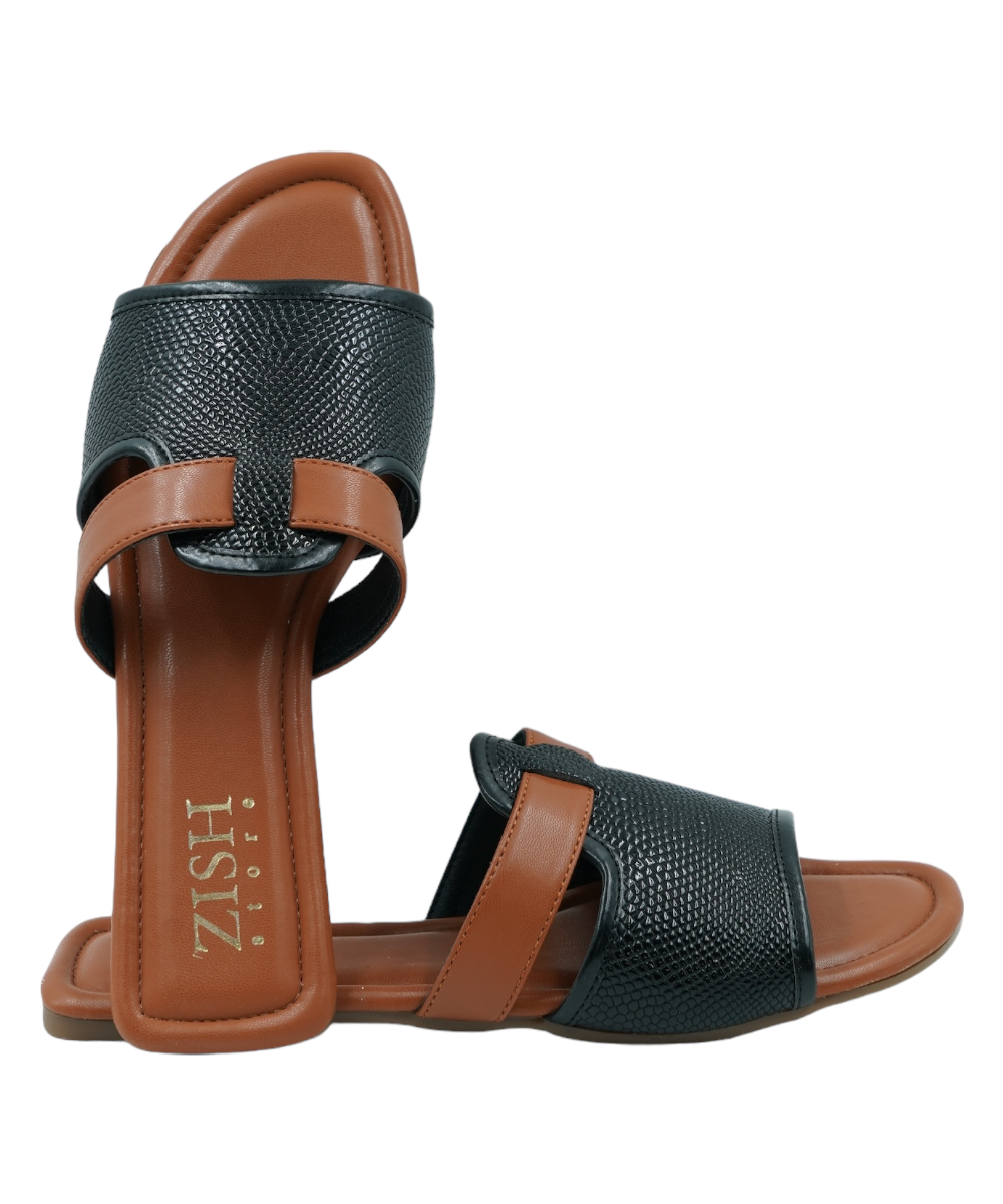 Black Meghan Flats with woven textured black straps and brown vegan leather footbed, open-toe flat sandals for casual and formal wear