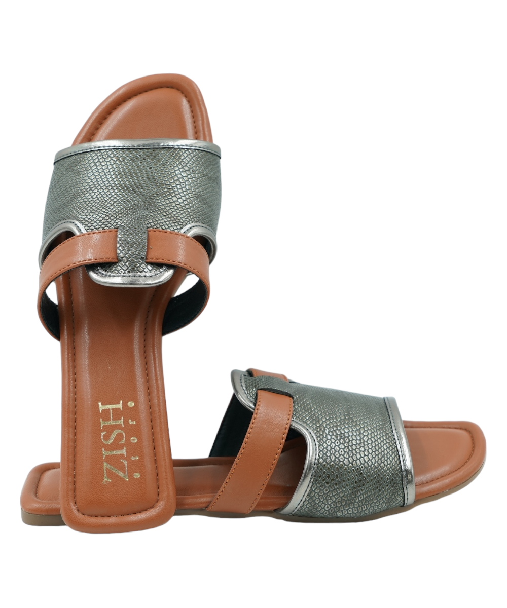 Gunmetal Meghan Flats with woven design, open toe, and brown PU leather straps, perfect for casual and formal wear.