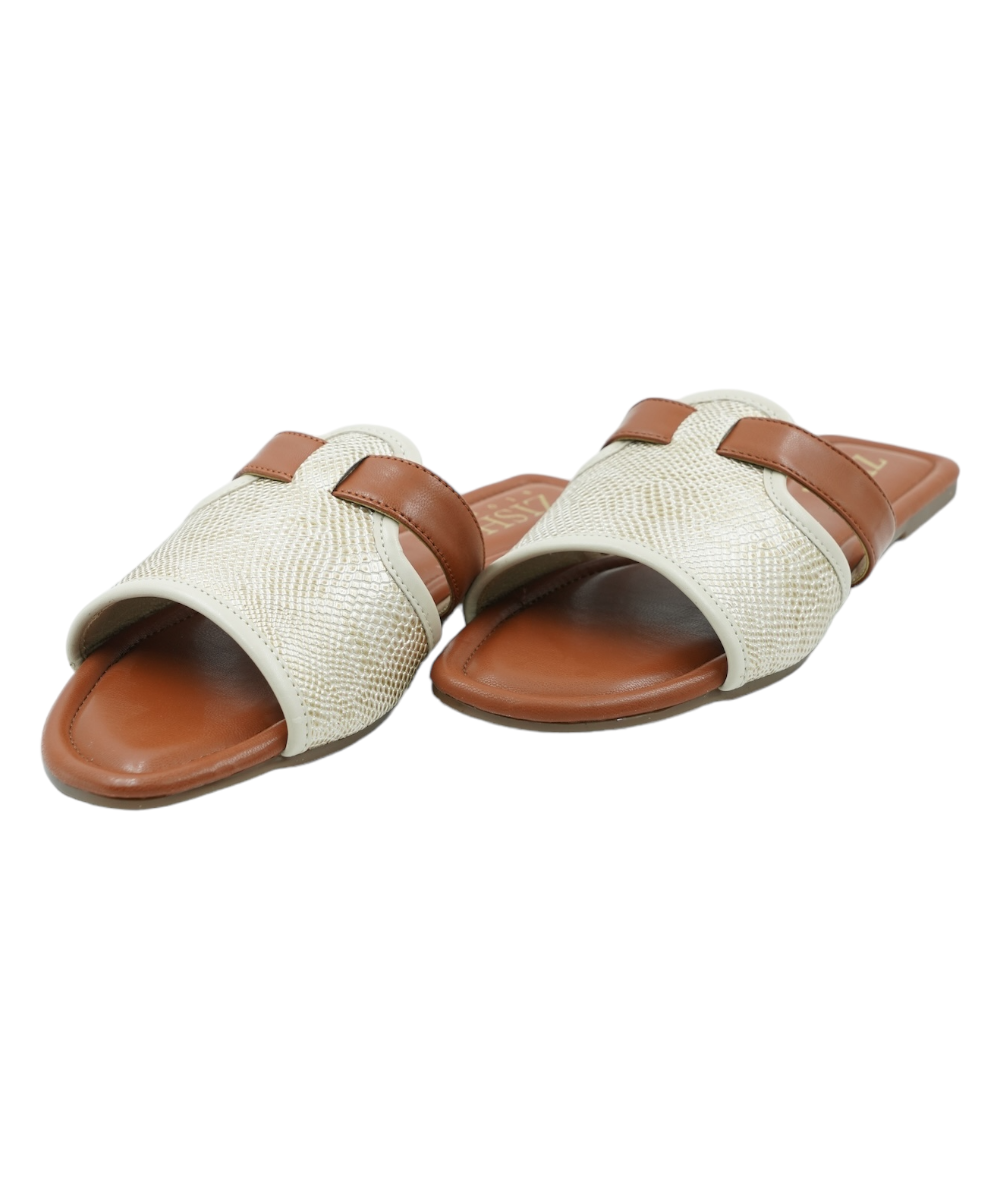 Off White Meghan Flats with woven design and brown strap, flat open-toe vegan leather sandals for casual and formal wear