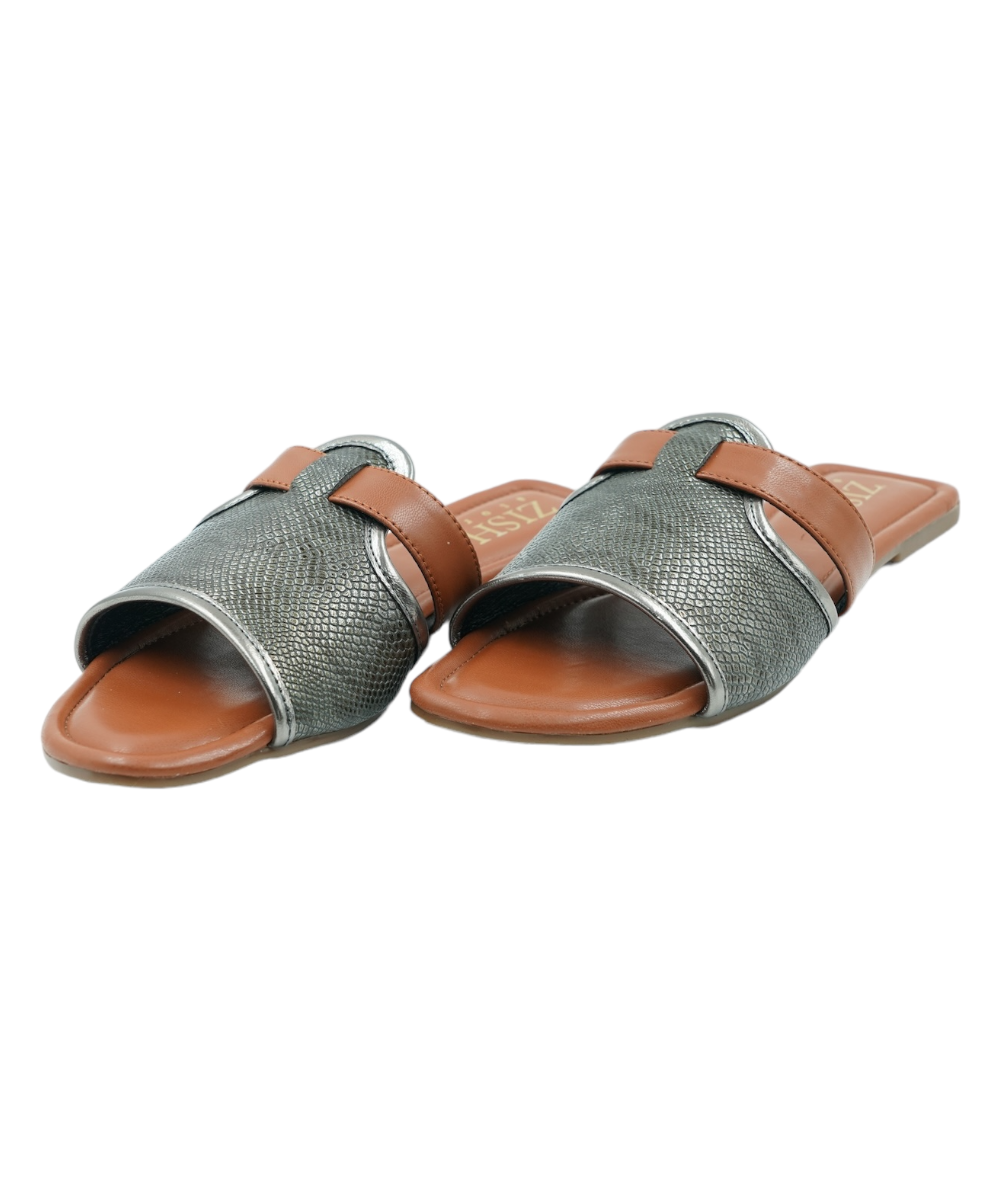 Gunmetal Meghan Flats with woven design and brown straps, open-toe vegan leather sandals with flat sole for casual and formal wear