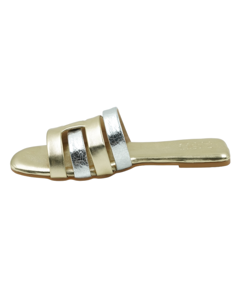 Gold Azzura Flats open-toe geometric design sandals in gold and silver vegan leather with flat PVC sole