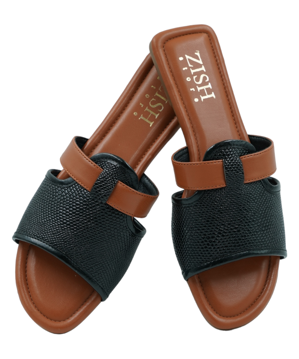 Black Meghan Flats with woven textured black straps and brown cushioned footbed, open-toe vegan leather sandals for casual and semi-formal wear