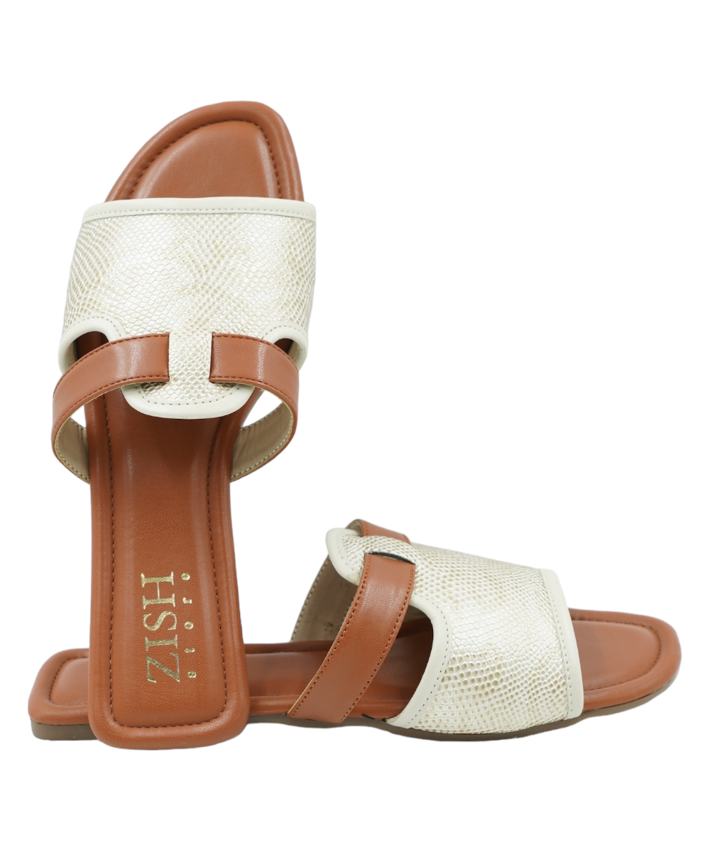Off White Meghan Flats with woven PU vegan leather straps and brown cushioned footbed, flat open-toe sandals for casual and semi-formal wear