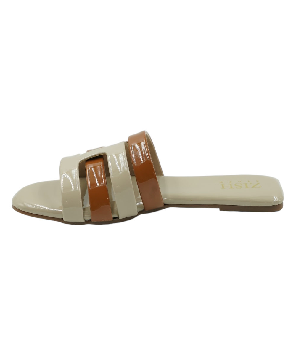 Beige Azzura Flats with tan geometric design, vegan leather open-toe flat sandals for casual and formal wear