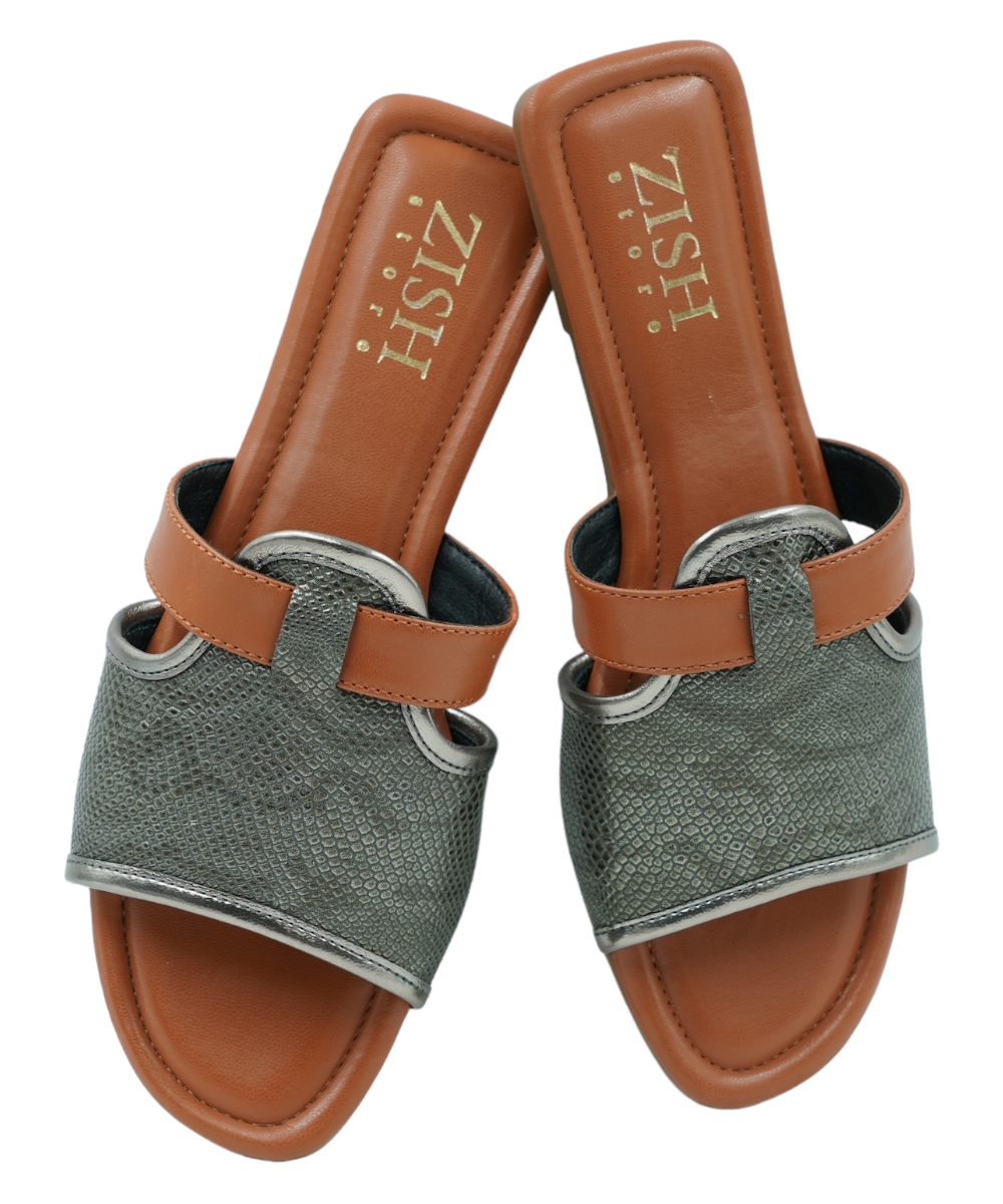 Pair of gunmetal grey woven strappy Meghan flats with brown cushioned footbed and open toe design.