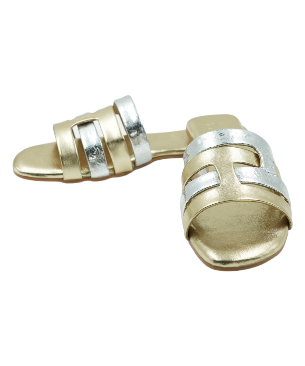 Gold Azzura Flats with gold and silver geometric design, open-toe vegan leather sandals, flat heel for casual and formal wear