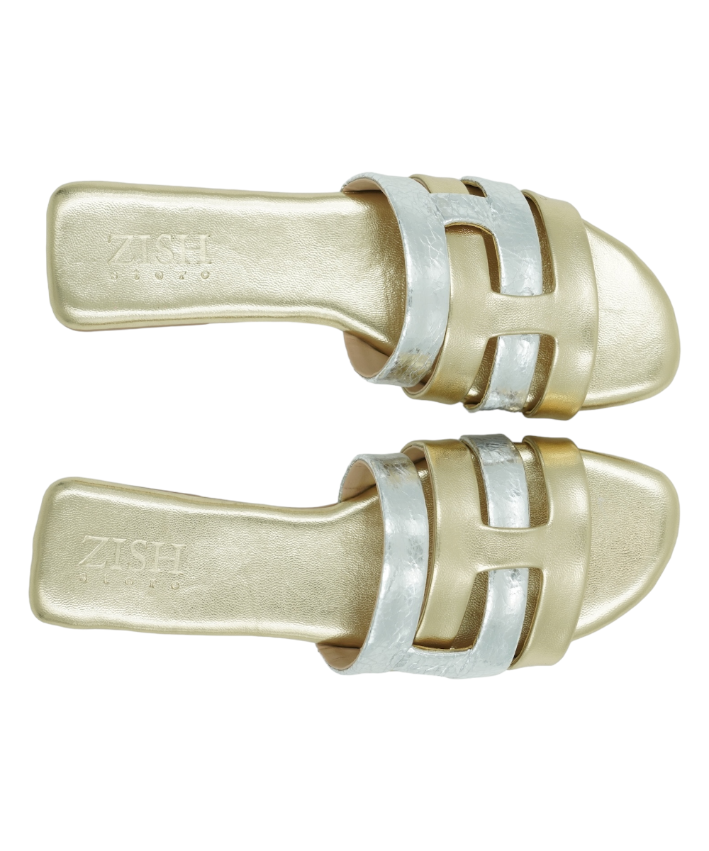 Gold Azzura Flats with gold and silver geometric design, open-toe vegan leather sandals, flat heel for casual and formal wear