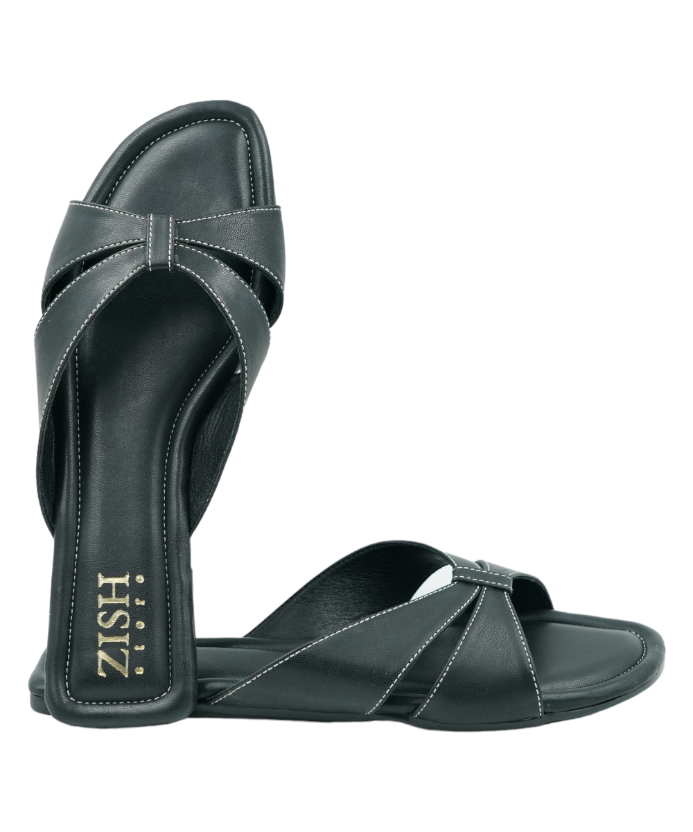 Black Tokyo Flats with cross-strap design, cushioned insole, open-toe vegan leather sandals, flat heel, suitable for formal and partywear.
