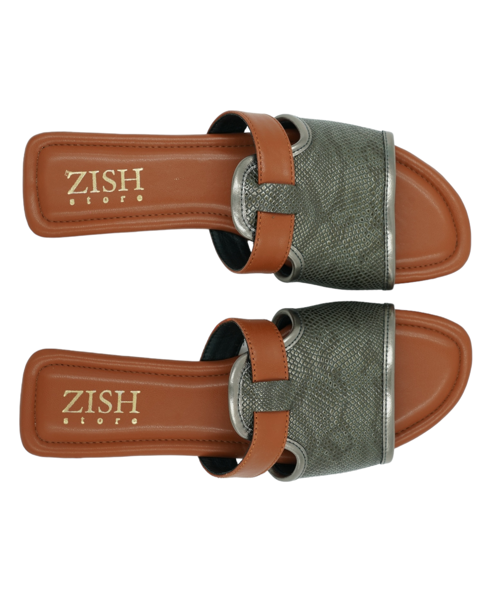 Gunmetal Meghan Flats women's strappy woven open-toe sandals with brown cushioned footbed and flat heel
