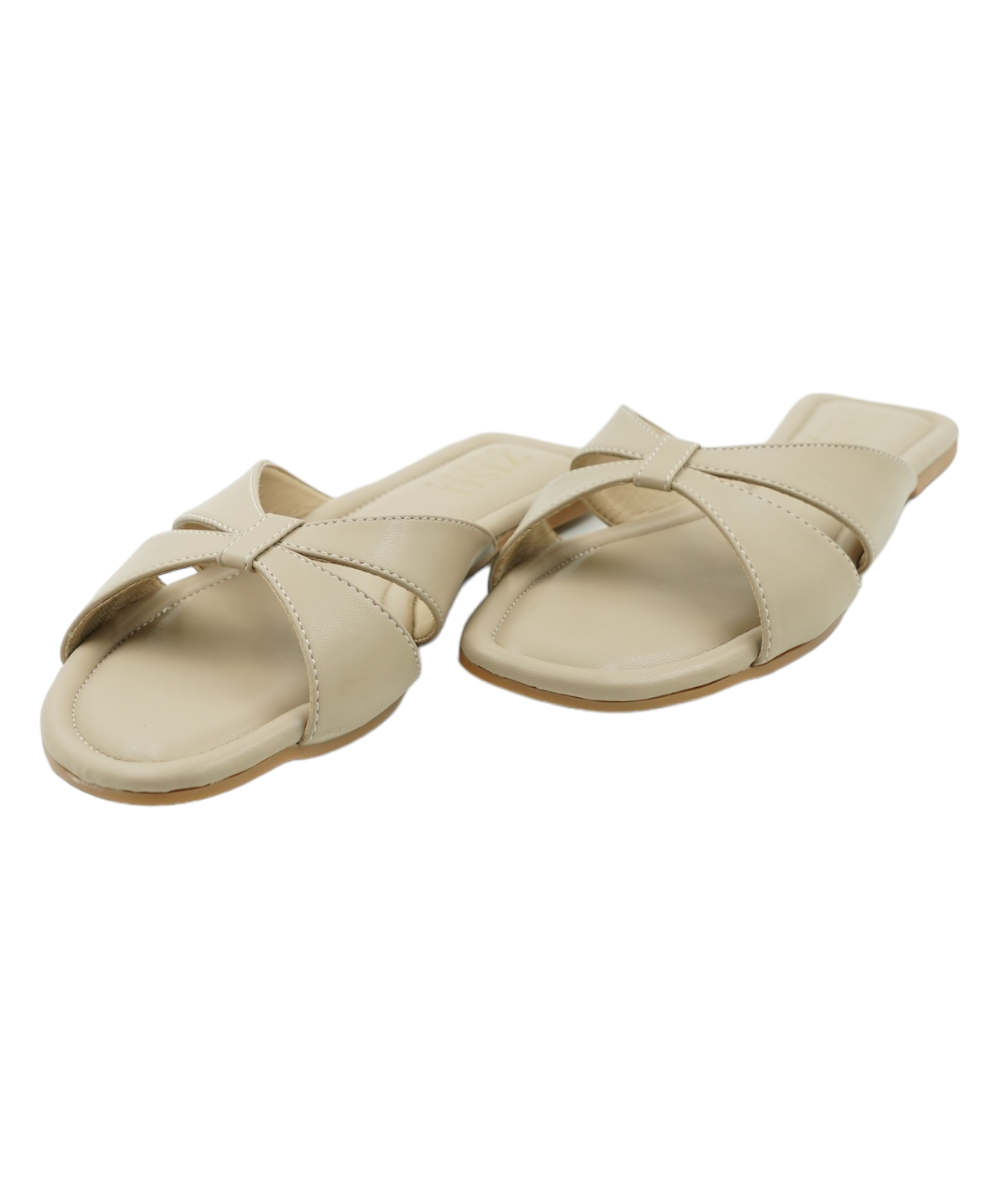Beige Tokyo Flats with cross-strap design, vegan leather, open-toe, flat sandals for casual and formal wear