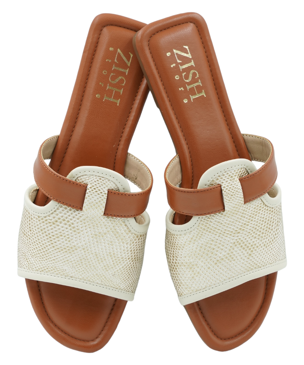 Off White Meghan Flats with woven design and brown PU leather footbed, open-toe sandal with flat heel.