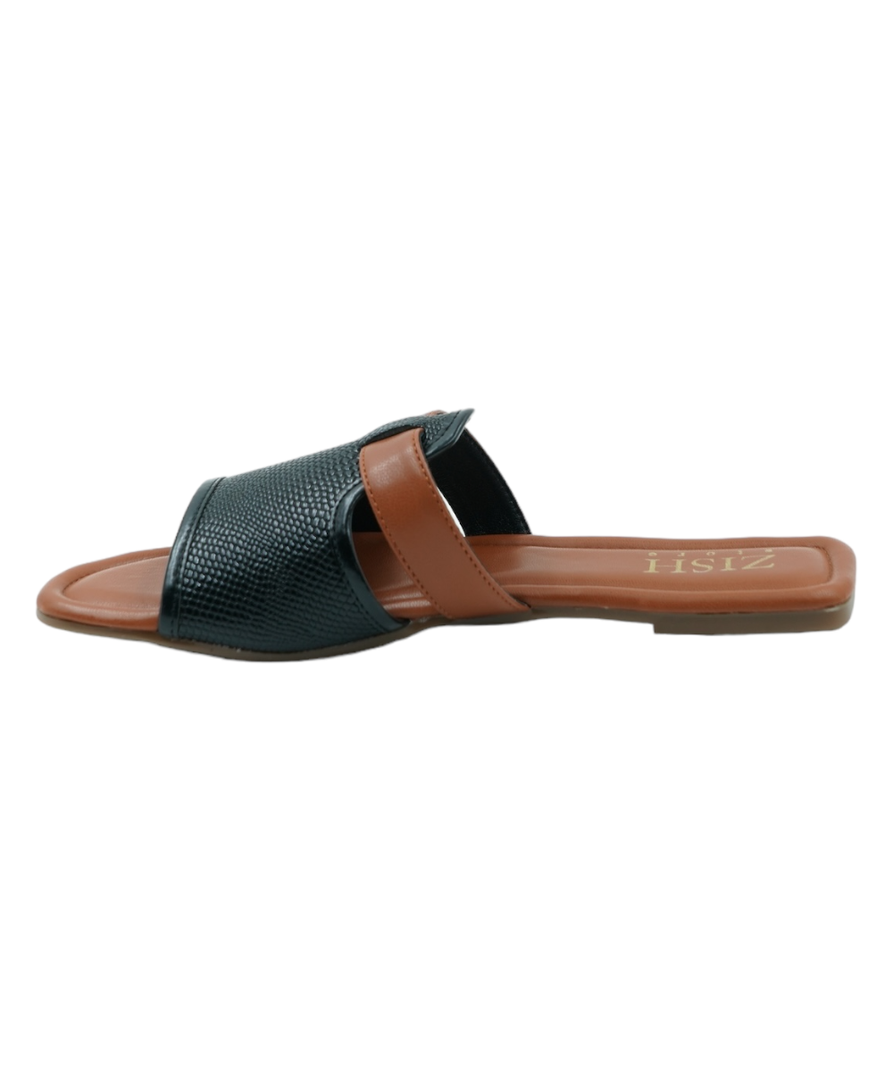 Black Meghan Flats with woven design and open toe, featuring PU vegan leather and flat sole for casual and formal wear