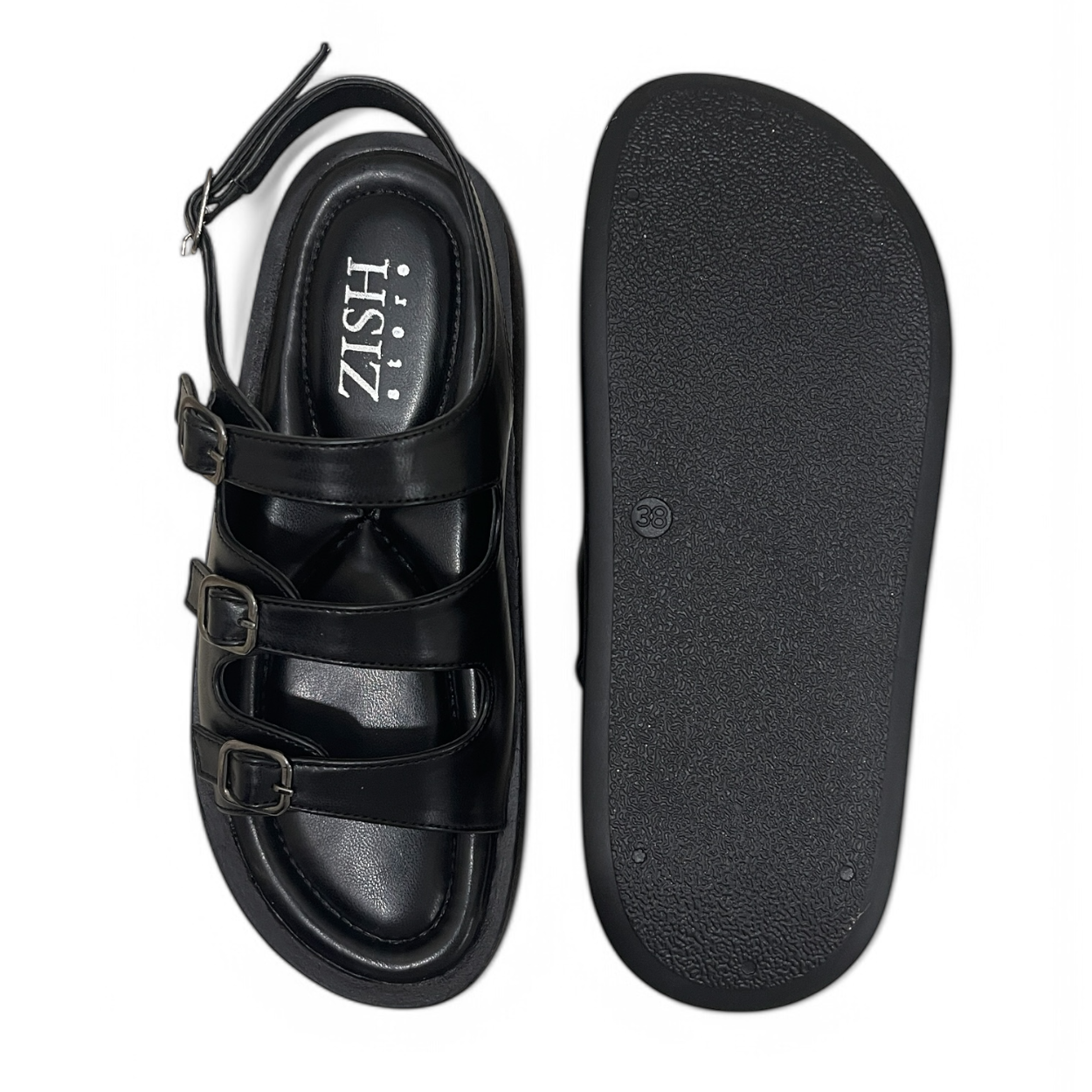 Black triple buckle sandals with adjustable straps and cushioned footbed, vegan leather open-toe design for casual and semi-casual wear.