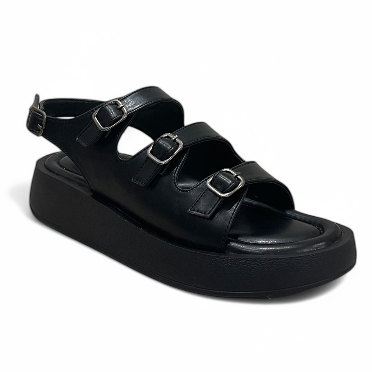 Black triple buckle sandals with three adjustable straps and cushioned sole for comfortable casual wear