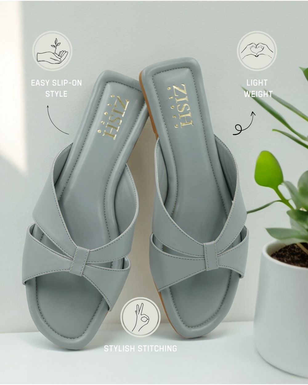 Grey Cross-Strap Flats with easy slip-on style and stylish stitching, lightweight vegan leather sandals with open toe design