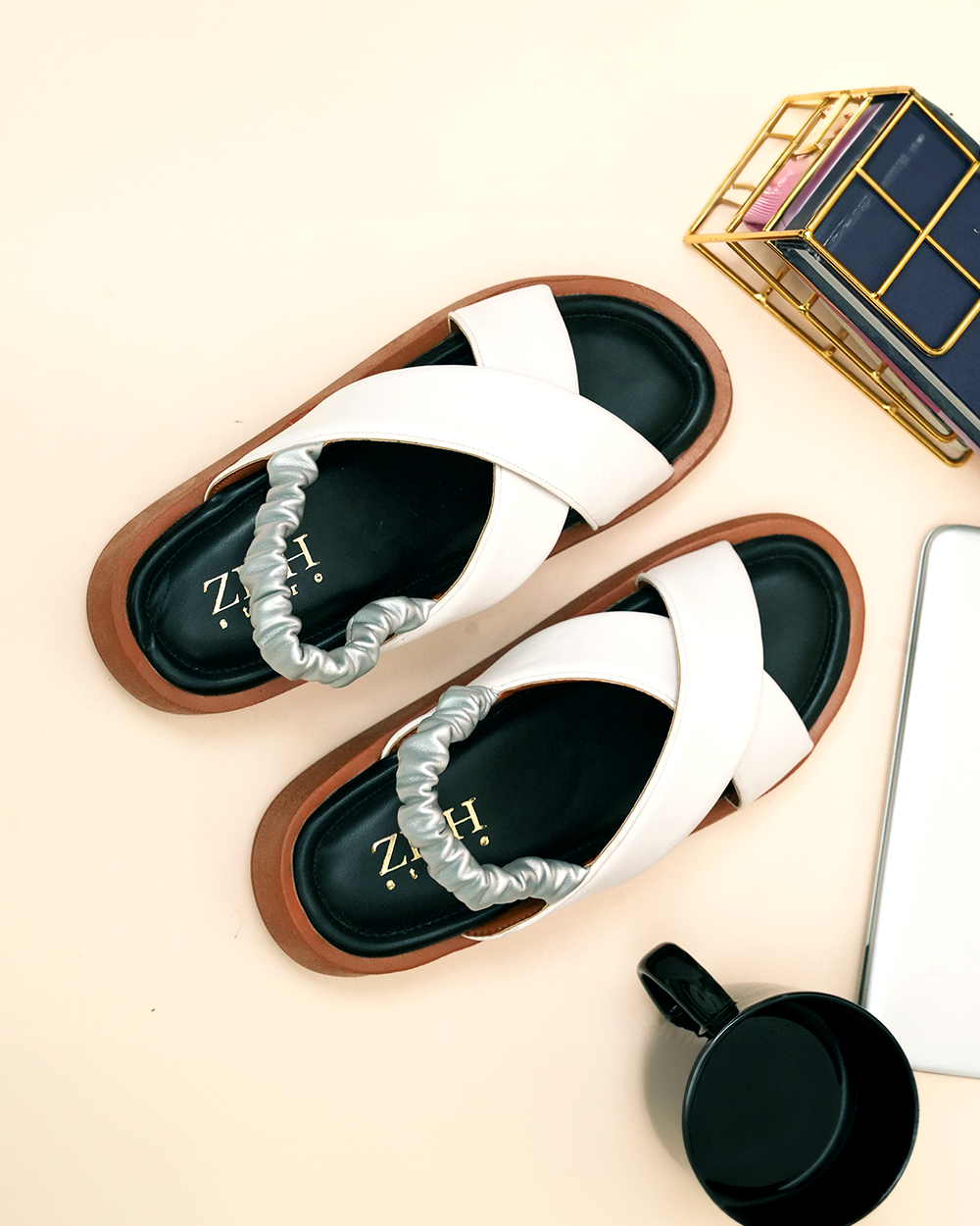 Dual Criss-Cross Sandals with white textured straps, elastic back, cushioned insole, and brown platform sole for casual and semi-casual wear.