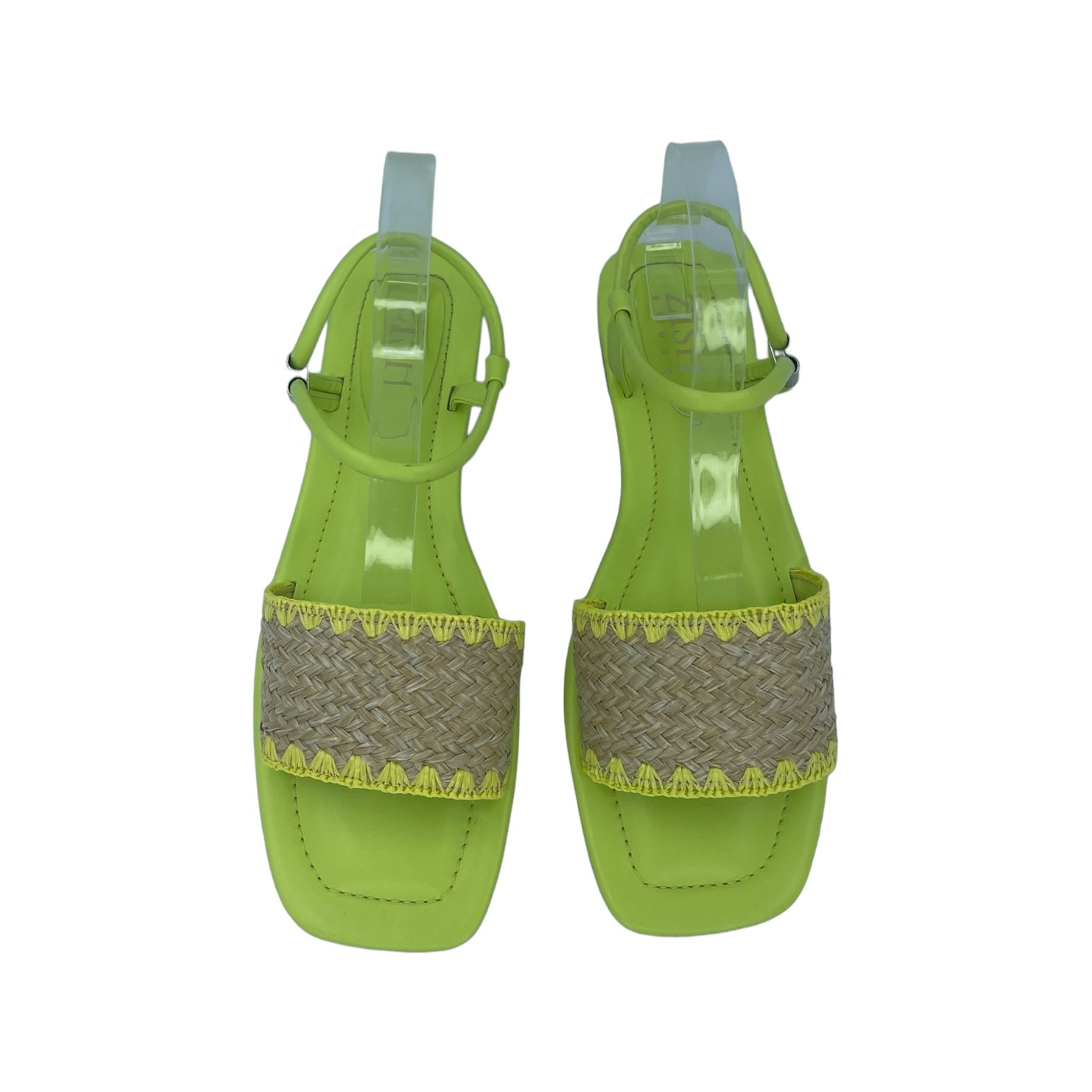 Top view of green Ocean Walker sandals with cane upper and open toe flat design