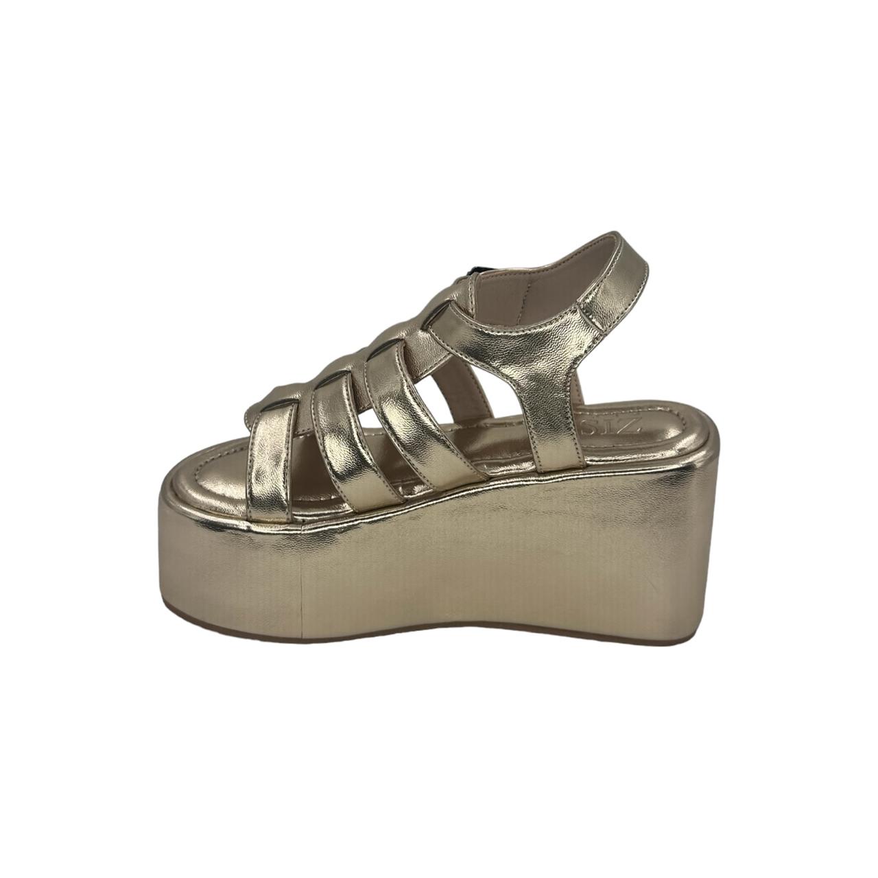 Golden chunky heel caged platform sandals with open toe and TPR sole for semi-casual daily wear