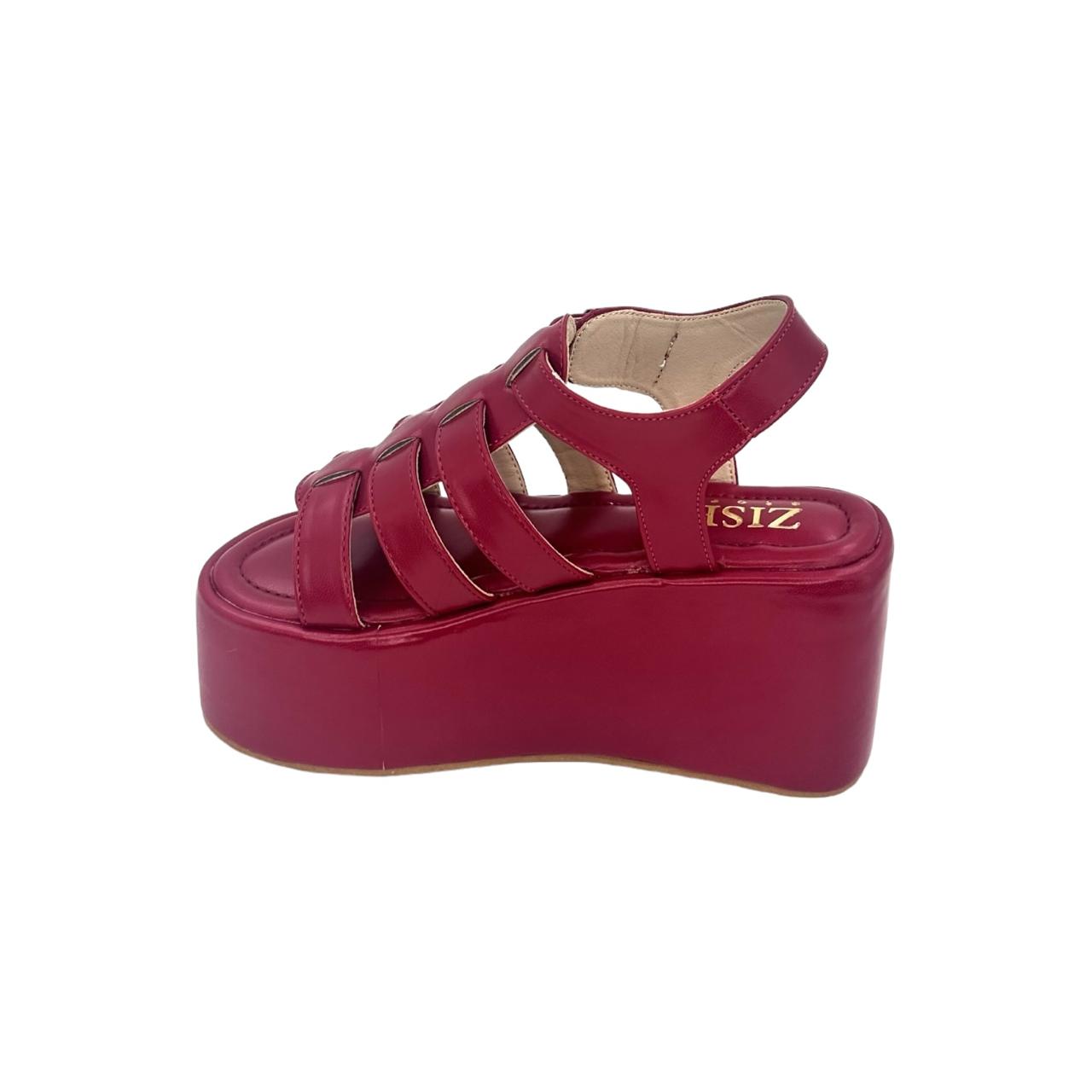 Red chunky heel platform caged sandals with open toe and vegan leather upper