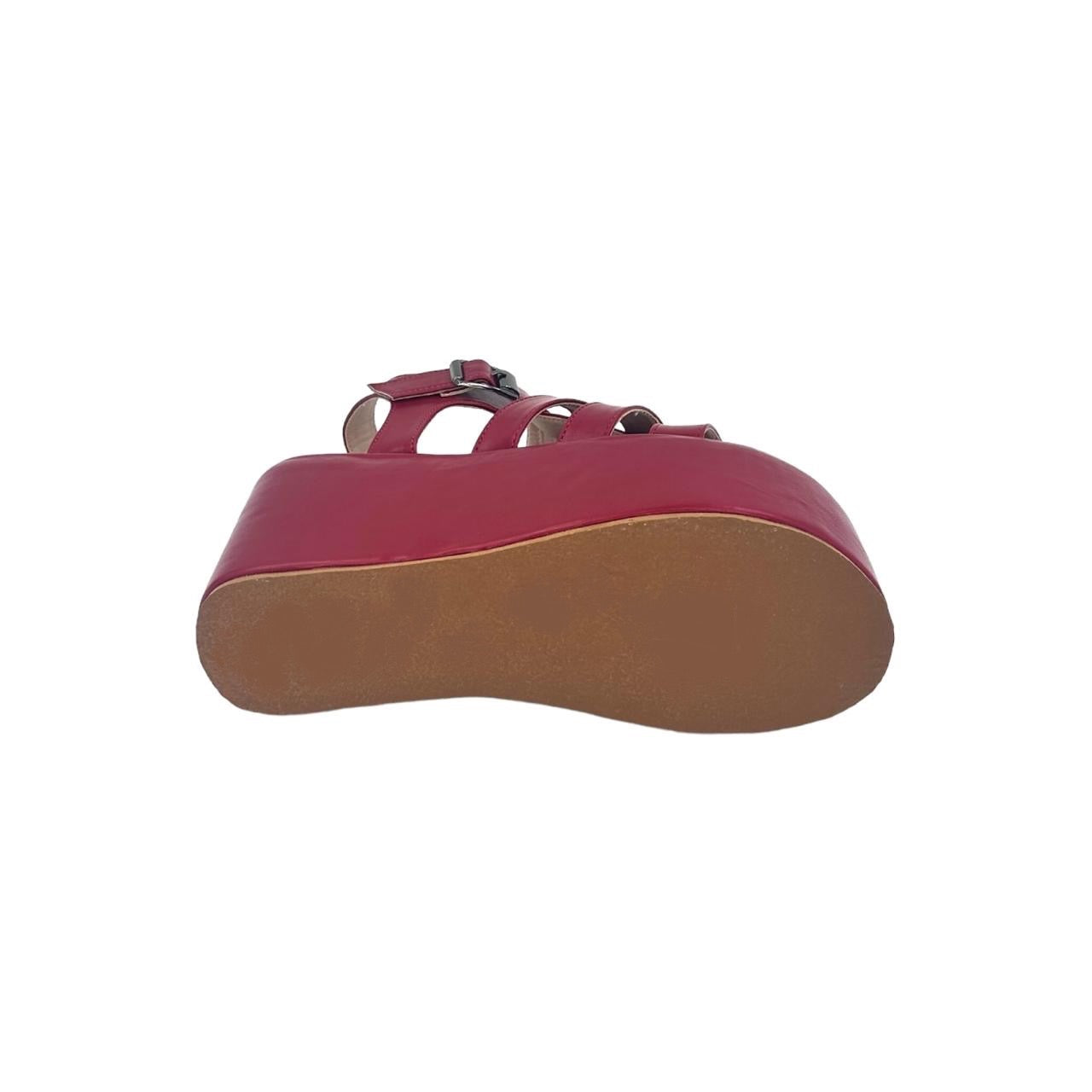 Red platform chunky heel caged sandal with open toe and TPR sole