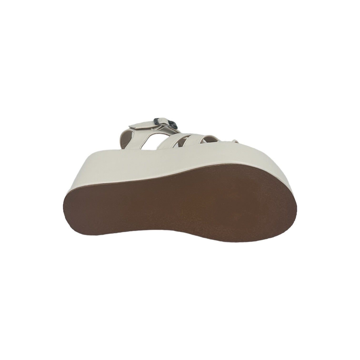 White chunky heel caged sandal with platform sole and open toe design