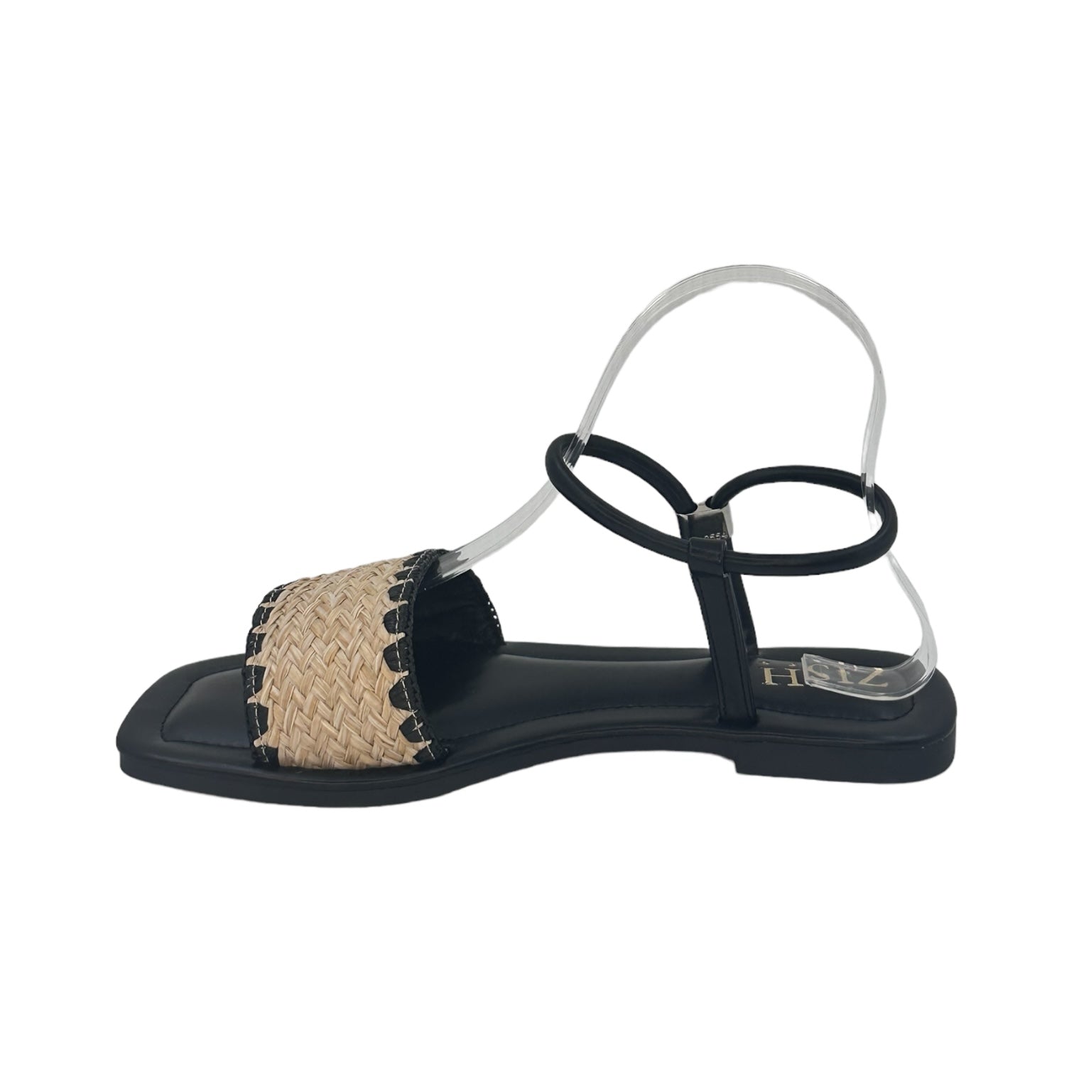 Black Ocean Walker Sandals flat open-toe sandals with cane upper and black PU vegan leather straps