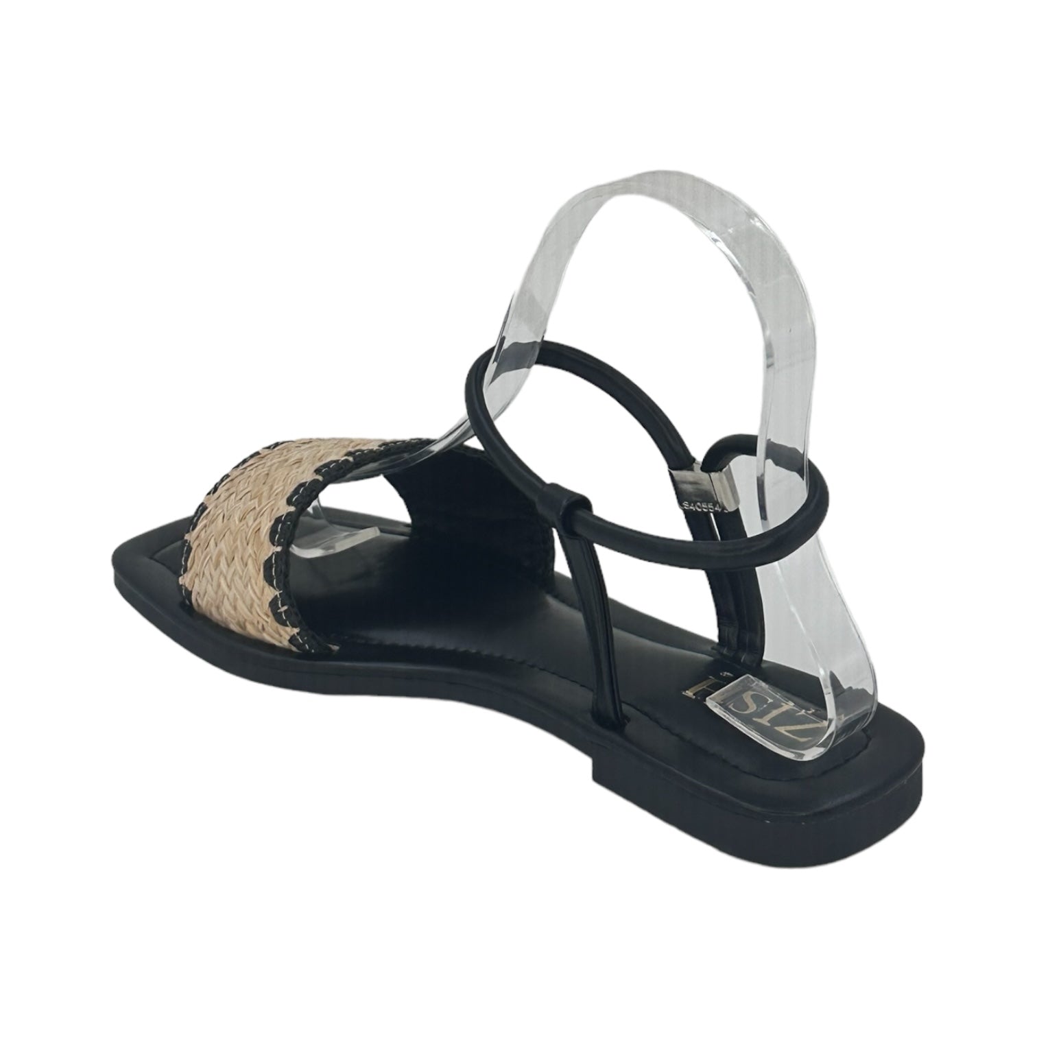 Black Ocean Walker Sandals with woven cane upper, black PU vegan leather straps, flat TPR sole, and open toe design for casual and semi-formal wear
