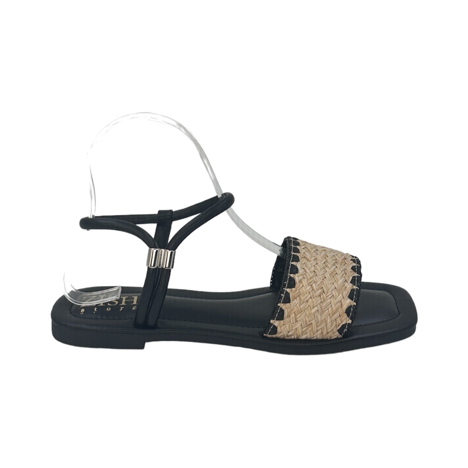 Black Ocean Walker Sandals with flat TPR sole, PU vegan leather and cane upper, open toe design for semi-casual daily wear.