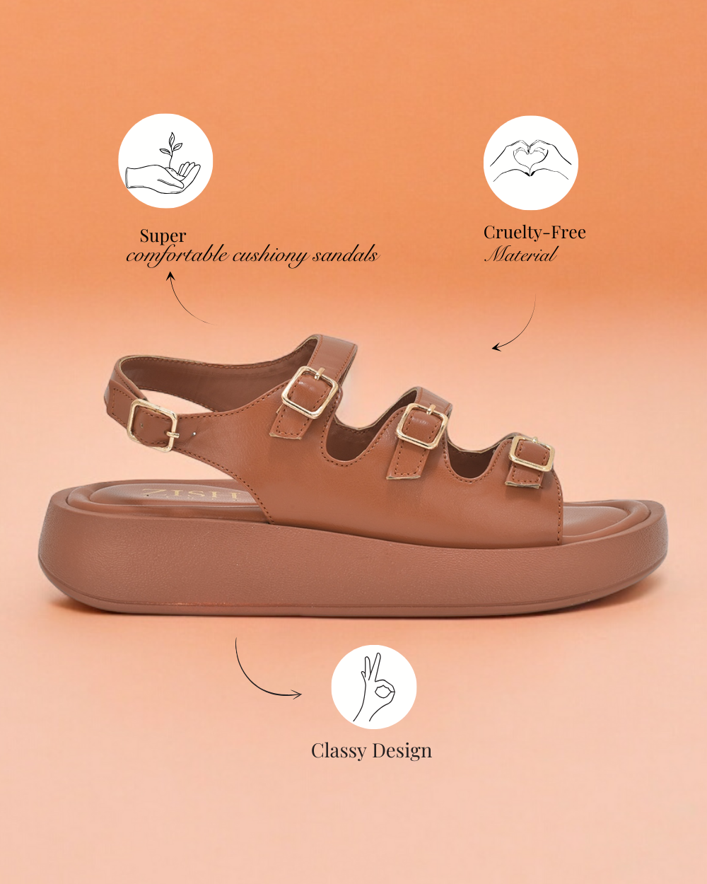 Tan triple buckle sandals with cushioned sole and adjustable straps in vegan leather design