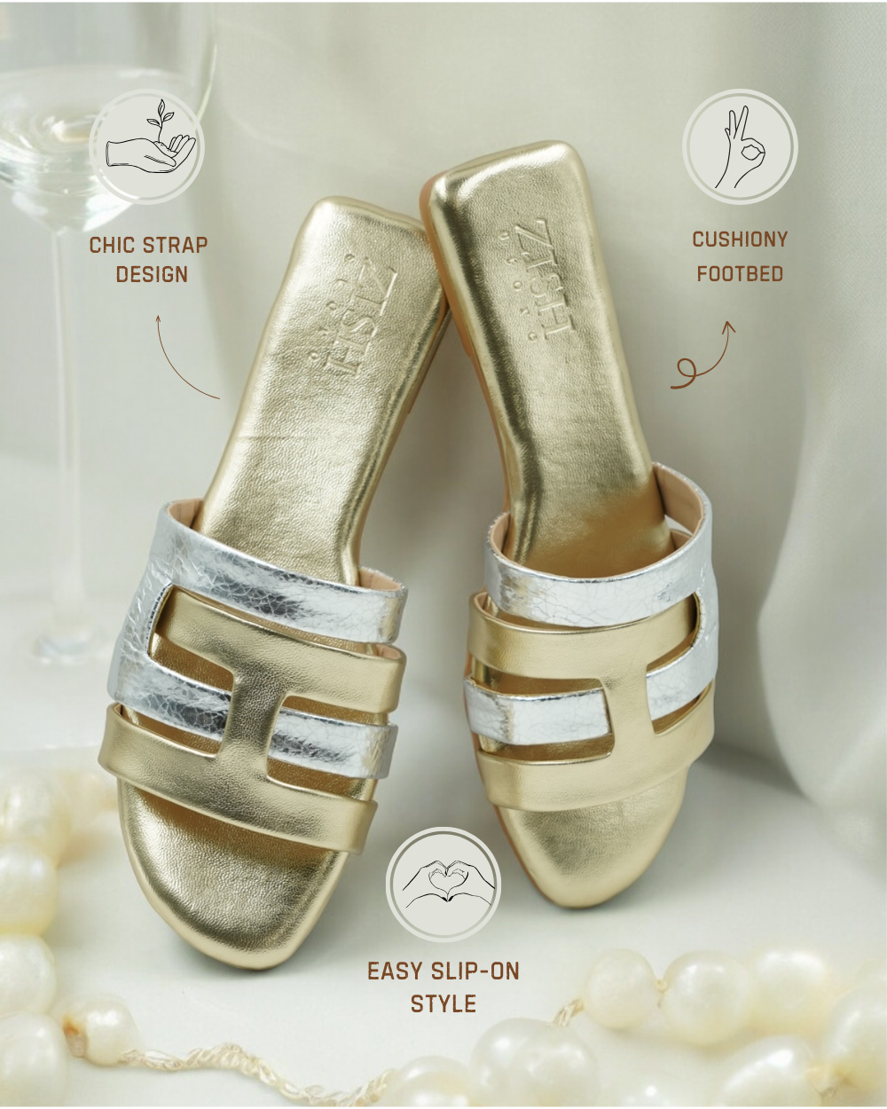 Gold Azzura Flats with gold and silver geometric design, cushioned footbed, chic strap, and easy slip-on style sandals.