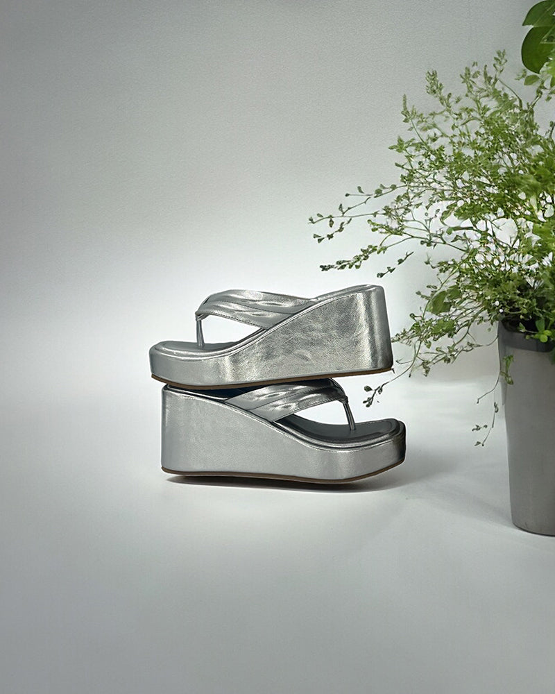 Silver Way too Simple Slides silver vegan leather wedge platform sandals with open toe and simple strap design