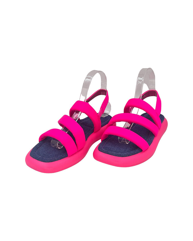 Neon pink beach-inspired sandals with elastic straps and flat PU sole for casual summer wear