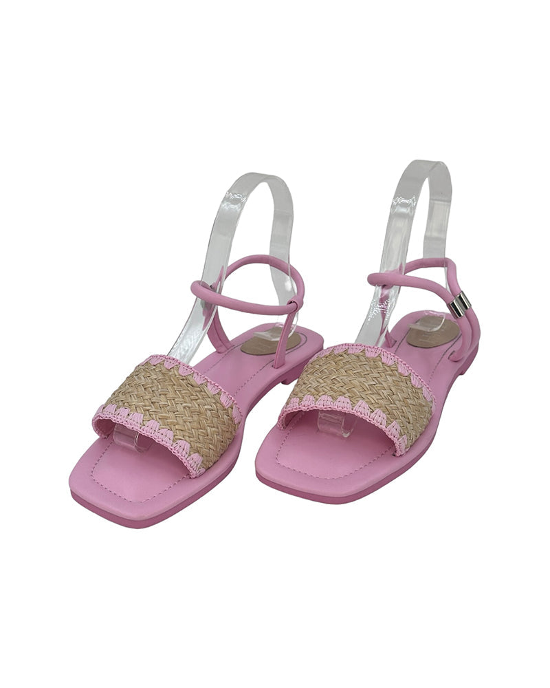 Pink Ocean Walker Sandals with cane upper and vegan leather flat sole, open toe design.