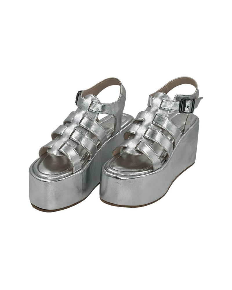 Silver chunky heel caged platform sandals with open toe and ankle buckle closure
