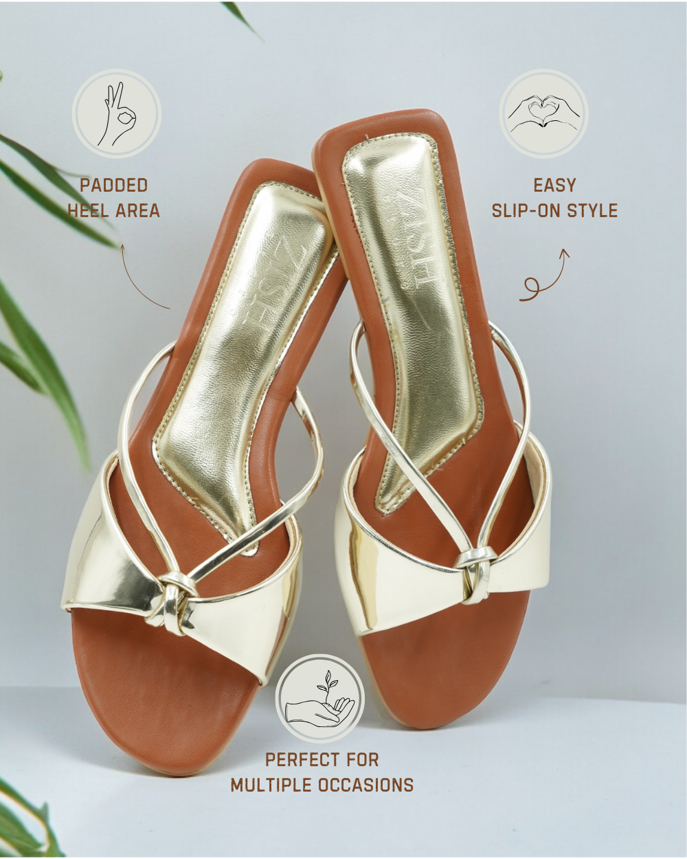 Gold Carolina Flats with padded heel area, easy slip-on style, and glossy mirror strap perfect for multiple occasions.