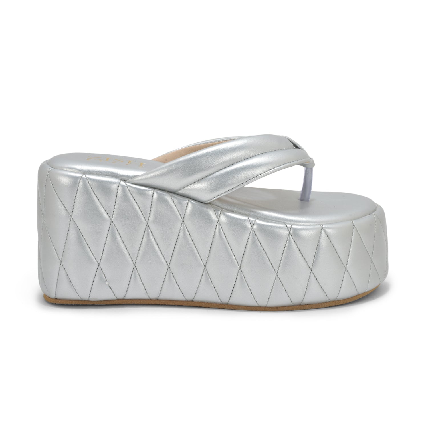 Silver Pinnacle Platforms chunky heel sandal with quilted vegan leather upper and open toe design