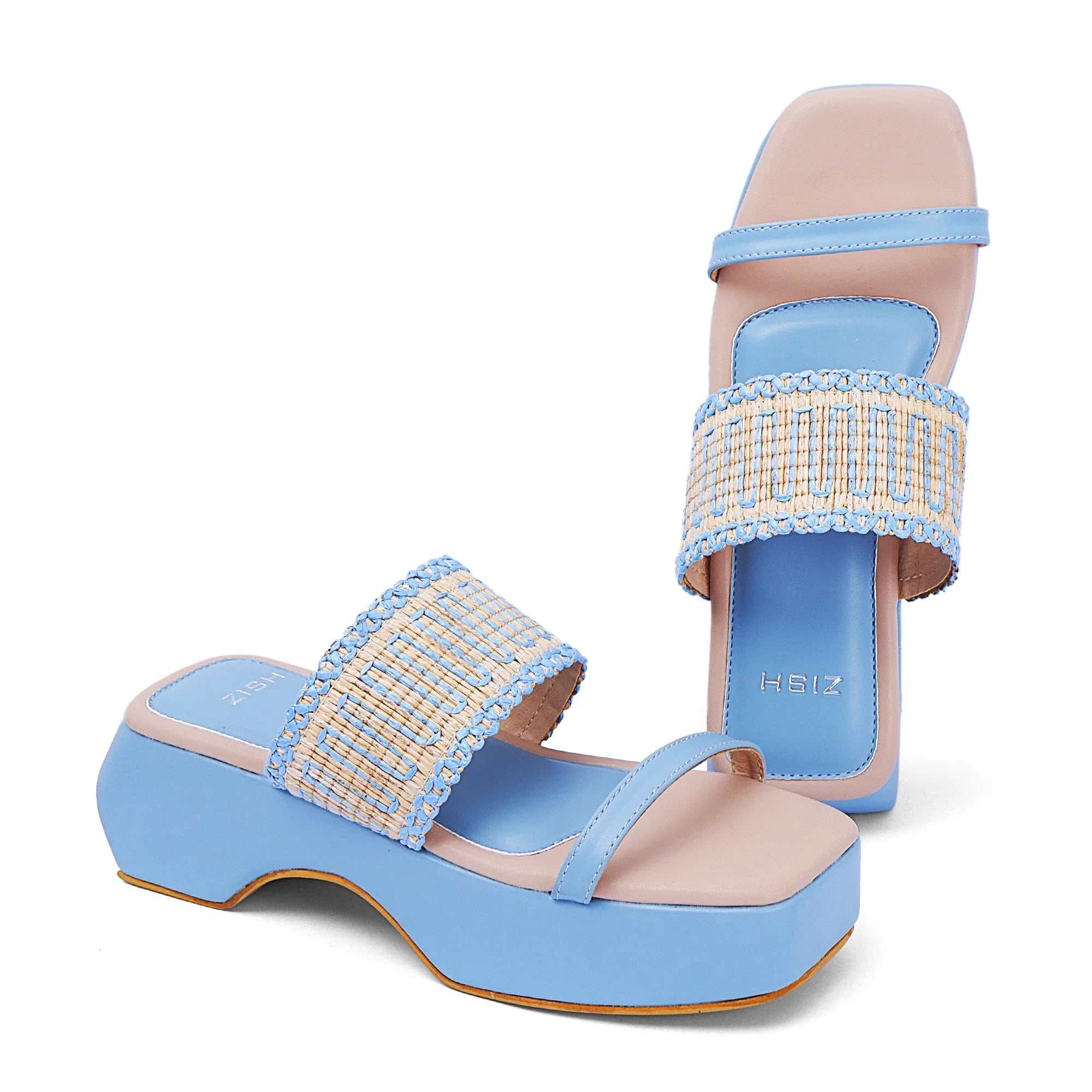Blue Austin Heels with open-toe design, cane detailing, and TPR sole for casual wear