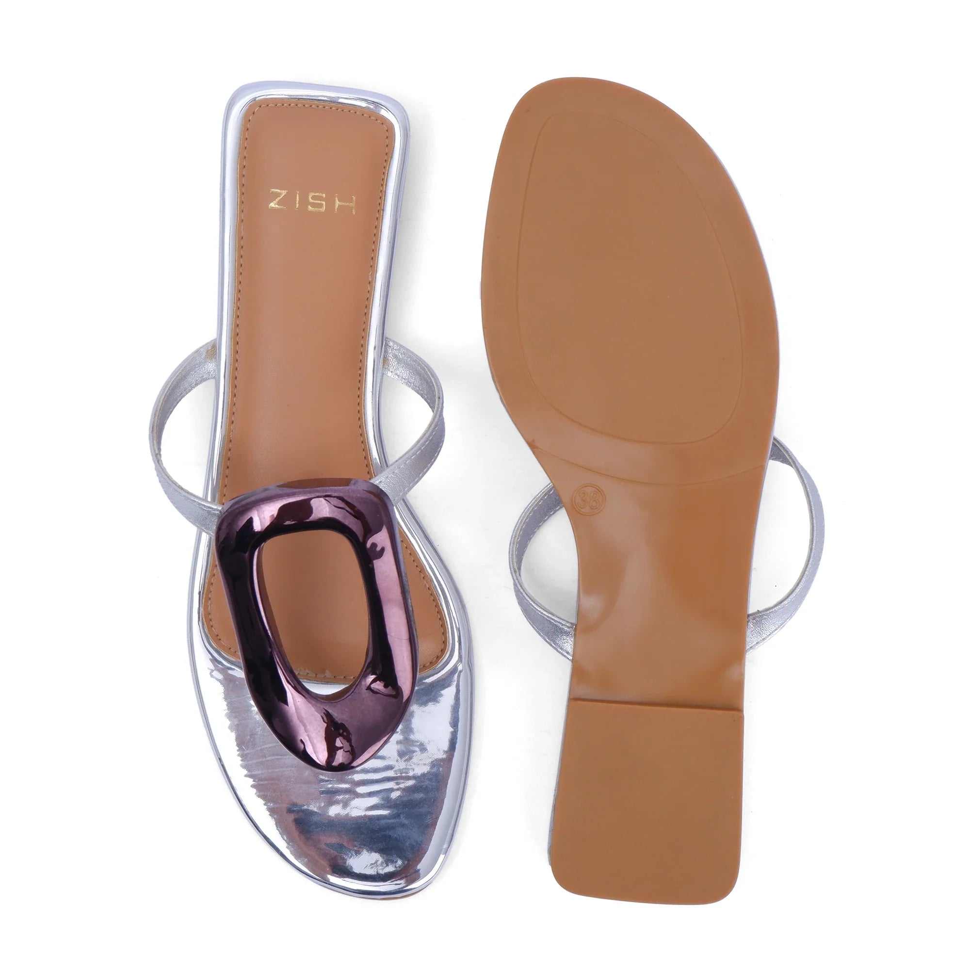 Gunmetal Vegas Flats vegan open-toe flats with PU leather and minimalist buckle detail